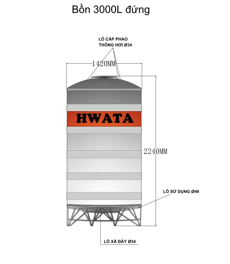 Thông số kỹ thuật Bồn Nước Inox Hwata 3000L Đứng